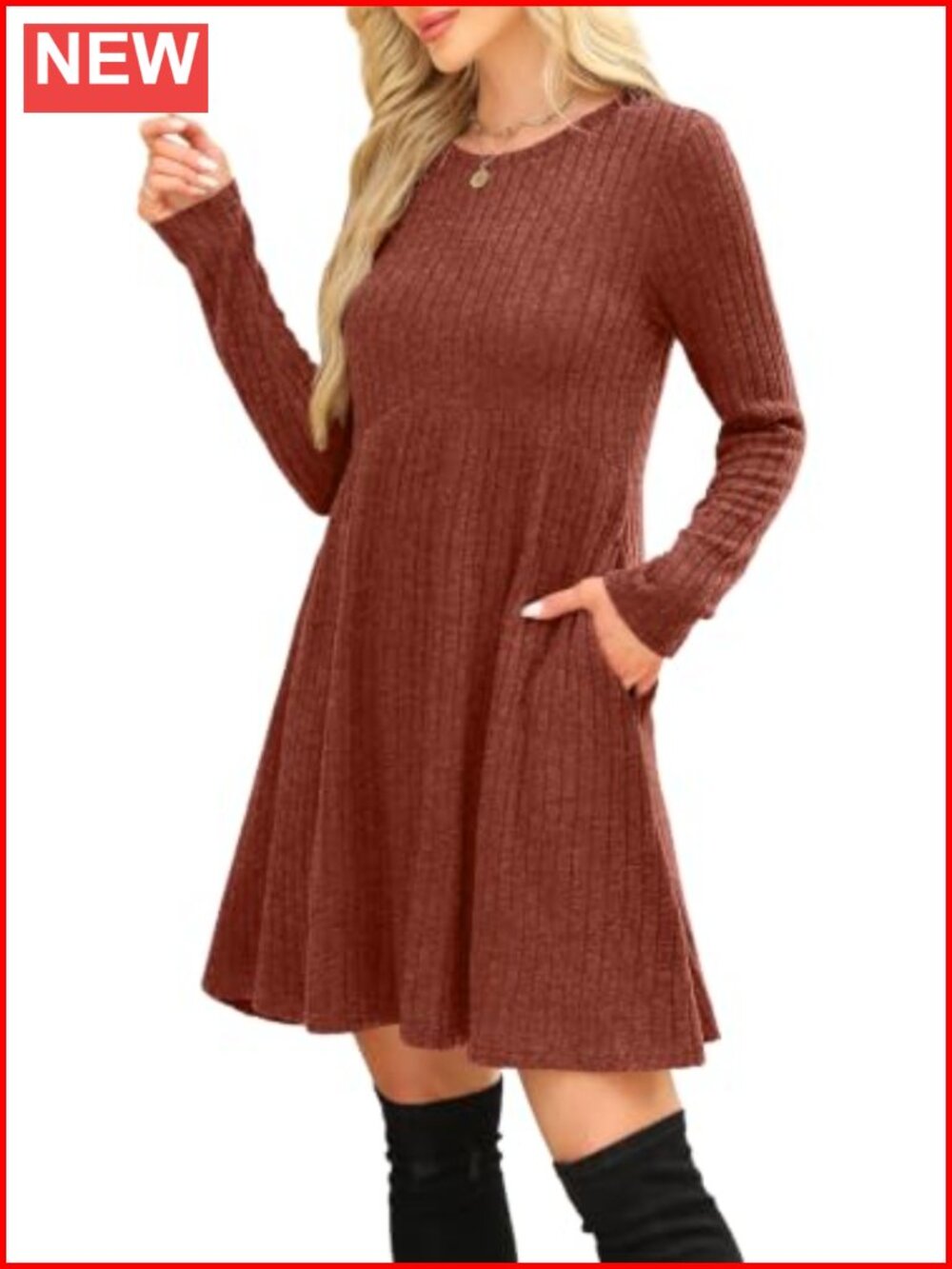 Long Sleeve Crew Neck Empire Waist Tunic Dress with Pockets - Picture 3 of 6